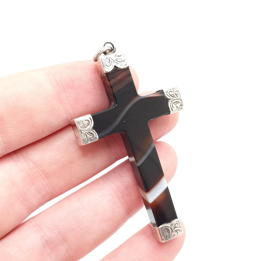 RESERVED/SOLD DON Antique Victorian Solid Silver Agate Crucifix Necklace Pendant Large Big Huge Striped Banded Cross Quartz Jewelry