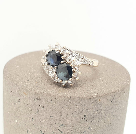 Vintage Diamond & Sapphire 9kt Gold Ring Solid 9ct 9k Crossover Cluster Halo Gemstone Dark Blue Fine Estate Womens Jewelry Jewellery