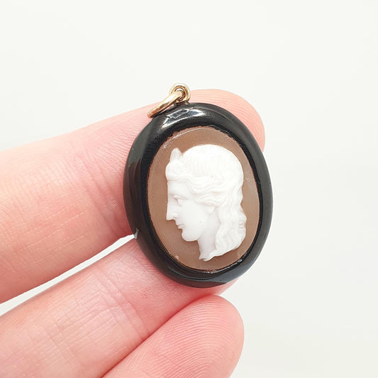 Antique Whitby Jet Cameo Pendant Necklace Victorian 1800s Shell Oval Hand Carved Mourning Genuine Real 1800s Vintage Jewelry Jewellery