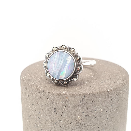 Antique Solid Silver Black Opal Ring Natural Genuine Real Opal Art Deco Cluster Halo Marcasite 1920s Rare Gemstone Vintage Jewerly Jewellery