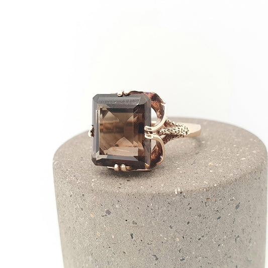 Vintage 9k 9ct Gold Smoky Quartz Ring Rectangular Cut Big Large Hallmarked 1978 Scalloped Shoulders Chunky Womens Jewelry Jewellery