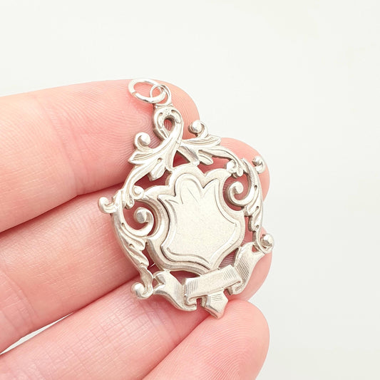 Antique Sterling Silver Albert Fob Pendant Big Heavy Large 1903 Hallmark Shield 9.43g Genuine Vintage Necklace Womens Mens Jewelry Jewellery