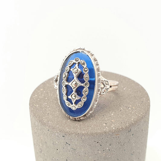 Antique Solid Silver Sapphire Paste Ring Blue Glass Art Deco Marcasite Rare Fine Vintage Cocktail Statement Womens Jewelry Jewellery