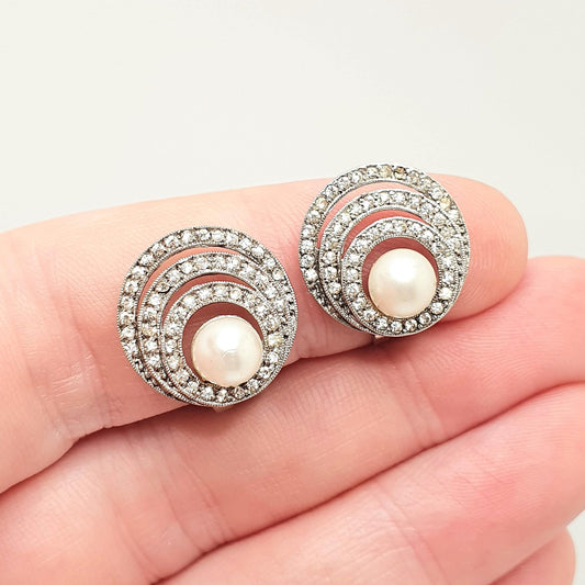 Antique Art Deco Sterling Silver Diamond Paste Earrings SCP Ciro Simulated Pearl Clip On 1920s Vintage Flapper Womens Jewelry Jewellery
