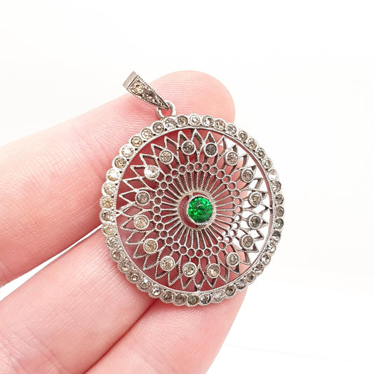 Antique Solid Silver Emerald & Diamond Paste Pendant Necklace Large Art Deco Swirl Web Spiral Sparkly Vintage Womens Jewellery Jewelry