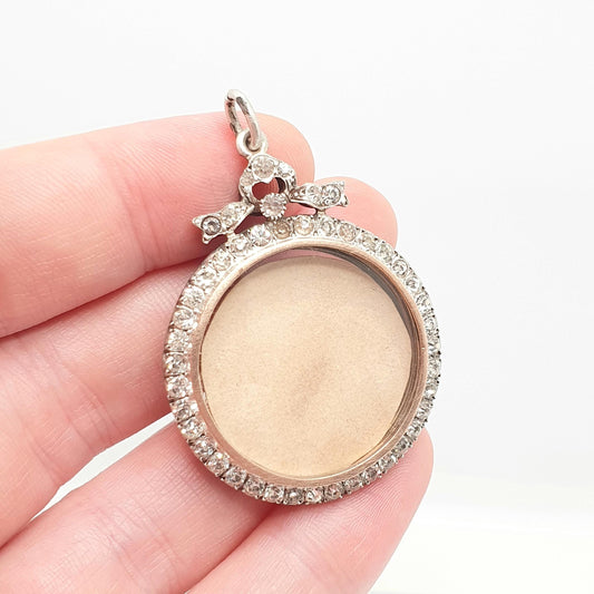 Antique Solid Silver Diamond Paste Locket Blue Enamel Pendant Edwardian Bow Round Circle Necklace Picture Photo Double Sided Vintage
