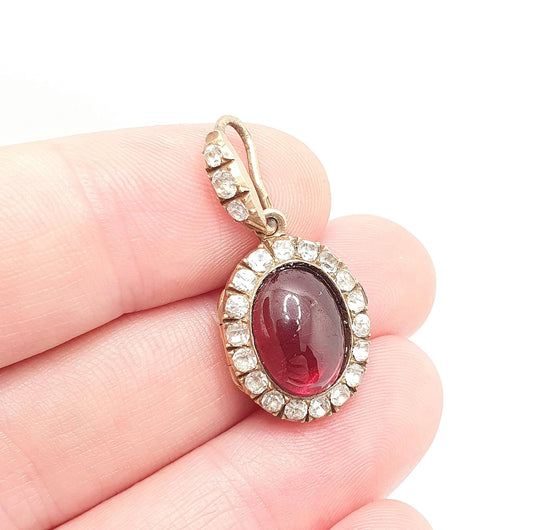 Antique Solid Silver Garnet Locket Gold Vermeil Diamond Paste Victorian Small Oval Necklace Rare Vintage Jewelry Jewellery