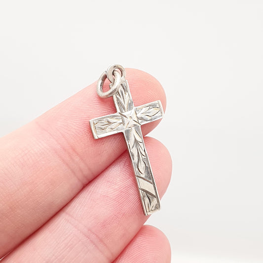 Antique Sterling Silver Crucifix Necklace Pendant 1909 Hallmark Edwardian Engraved Cross Catholic Christian Jewellery Jewelry Vintage Womens