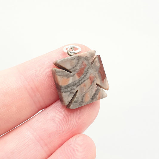 Antique Victorian Maltese Cross Pendant Aberdeenshire Granite Pink Grey Necklace Fob Scottish Charm Hardstone Gemstone Jewelry Jewellery