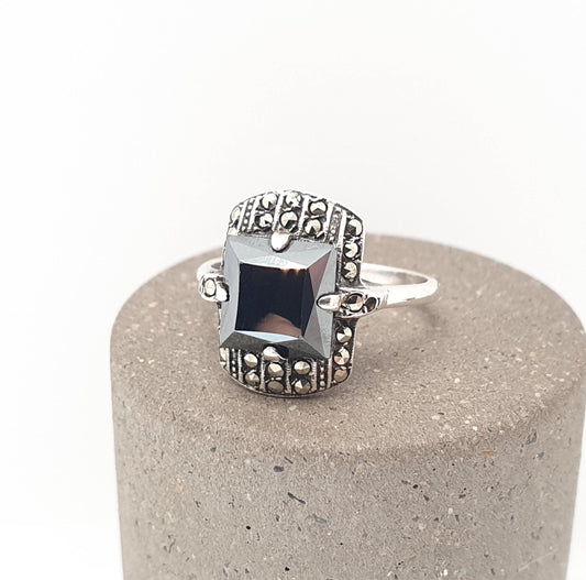 Antique Art Deco Solid Silver Hematite Marcasite Square Cut Cocktail Flapper 1920s Vintage Black Gemstone Genuine Ladies Womens Jewelry