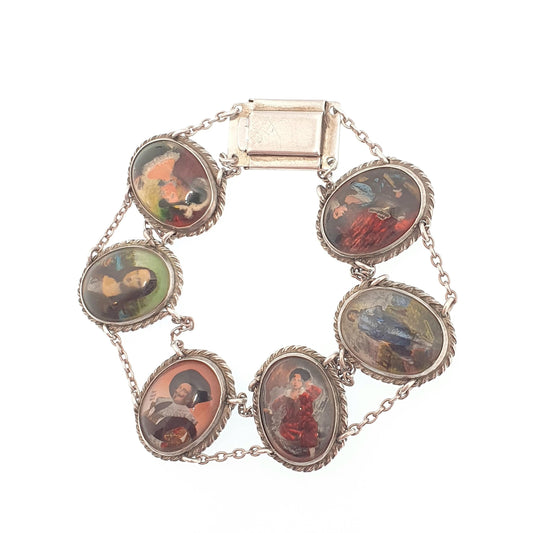 Antique Sterling Silver Portrait Bracelet TLM Mona Lisa Blue Boy Laughing Cavalier Art Deco 1920s Handmade Painted Womens Jewelry Jewellery