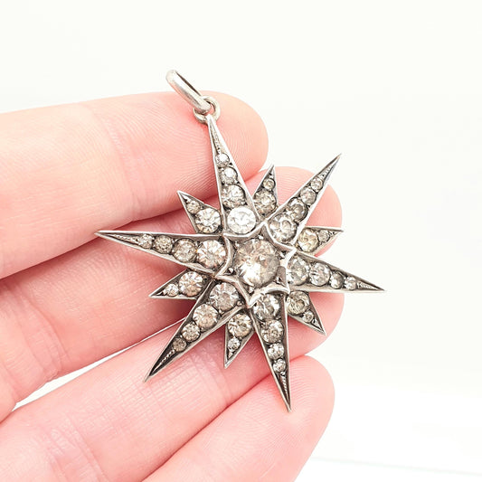 Antique Victorian Solid Silver Diamond Paste Star Pendant Necklace North Star Large Vintage 1800s Moon Night Womens Jewelry Jewellery