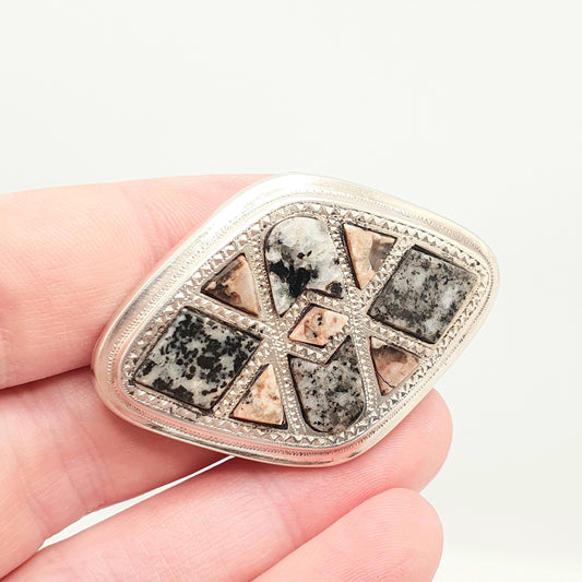 Antique Victorian Solid Silver Aberdeenshire Granite Brooch Scottish Grey Pink Large Big Pin Rare Vintage 1800s Womens Jewelry