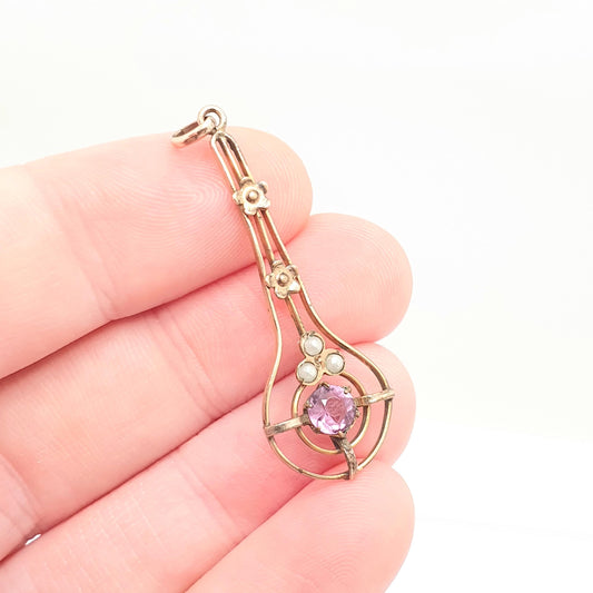 Antique Rolled Gold Necklace Pendant Amethyst Paste Edwardian Seed Pearl Art Nouveau Openwork Yellow Gold Filled Vintage Jewellery Jewelry