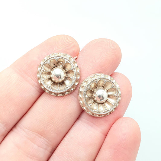 Antique Solid Silver Victorian Earrings Hook Dangle Aesthetic Bead Dome Etruscan Engraved Genuine 1800s Womens Vintage Jewelry Jewellery