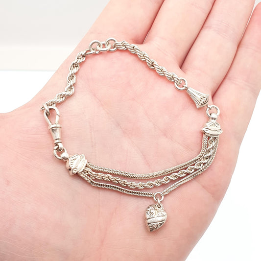 Antique Solid Silver Albertina Bracelet Victorian Heart Charm Dog Clip Engraved Chain 11.23g 19cm Vintage Gift Womens Jewelry Jewellery