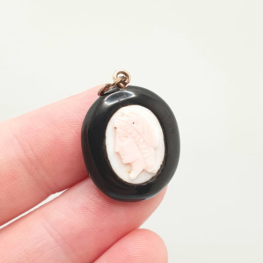 Antique Victorian Whitby Jet Cameo Pendant Necklace Pink Conch Shell Oval Hand Carved Mourning Large 1800s Vintage Jewelry Jewellery