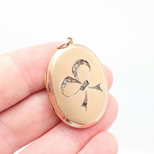 Antique 9ct 9k Gold Diamond Paste Locket Bow Ribbon Large Big Oval Solid 375 9kt Rose Red Pendant Back Front Vintage Jewelry Jewellery