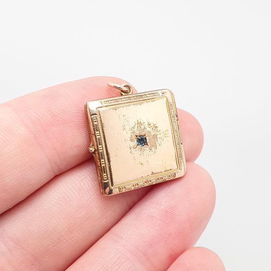 Antique Rolled Gold Square Locket Sapphire Paste Necklace Pendant Gold Filled Geometric Pattern Border Vintage Womens Jewellery Jewelry