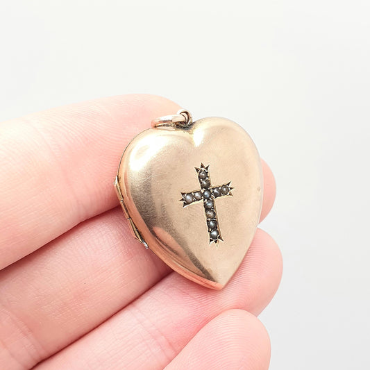 Antique 9ct 9k Rose Gold Heart Locket Crucifix Cross Seed Pearl Pendant Large Big Solid 375 Estate Back & Front Necklace Jewelry Jewellery