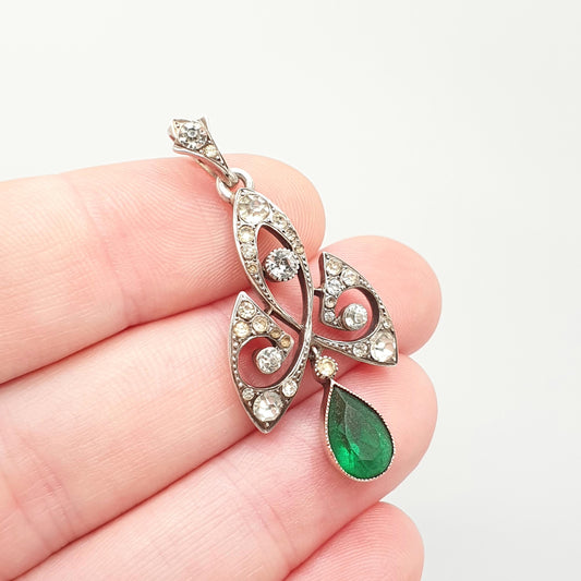 Antique Victorian Sterling Silver Diamond Emerald Paste Necklace Pendant Parisian Diamond Company Art Nouveau Sparkly Jewellery Jewelry