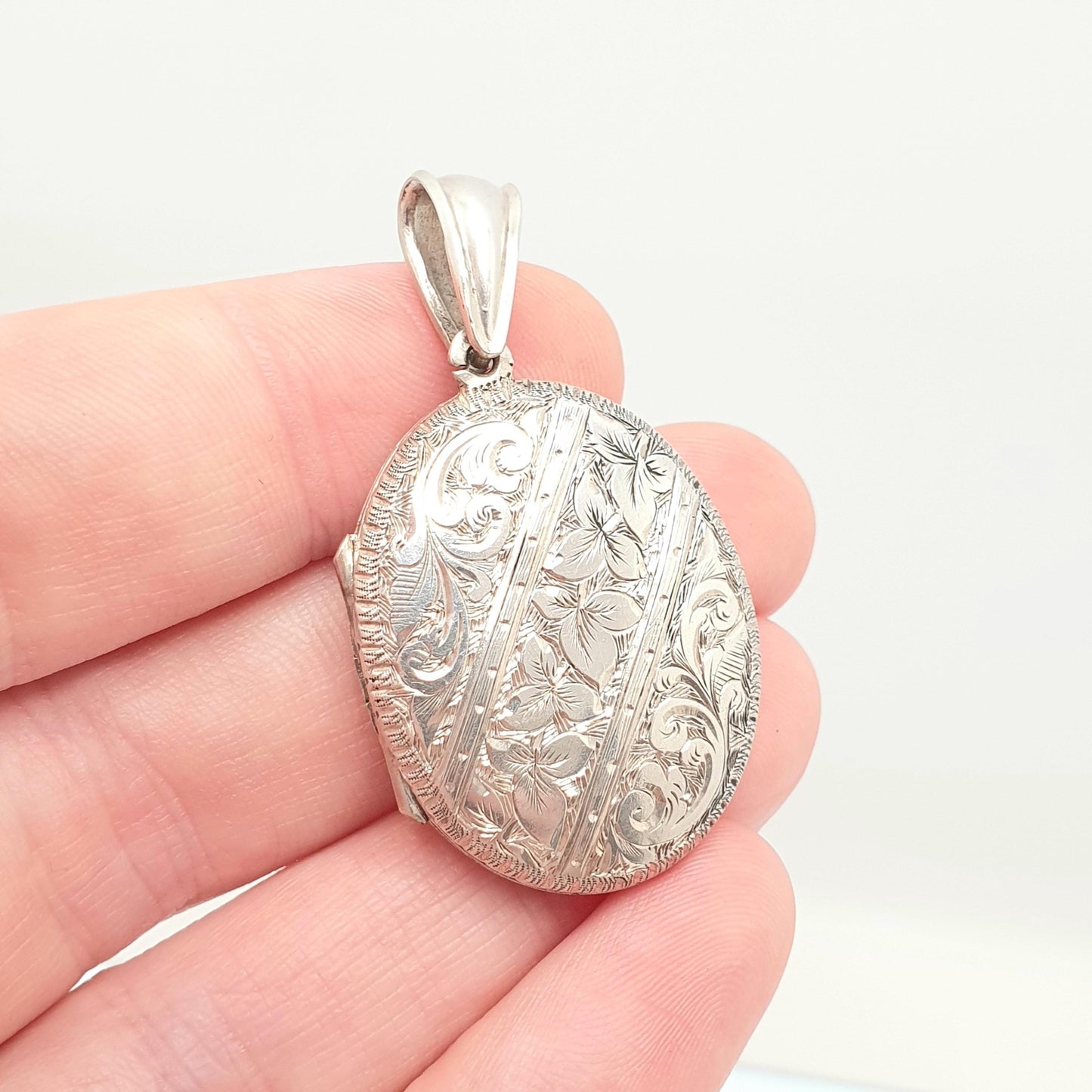 Antique Victorian Solid Silver Locket Star Buckle Hand Engraved Oval Pendant Necklace Sweet Gift Large Big Womens Jewelry Vintage Jewellery