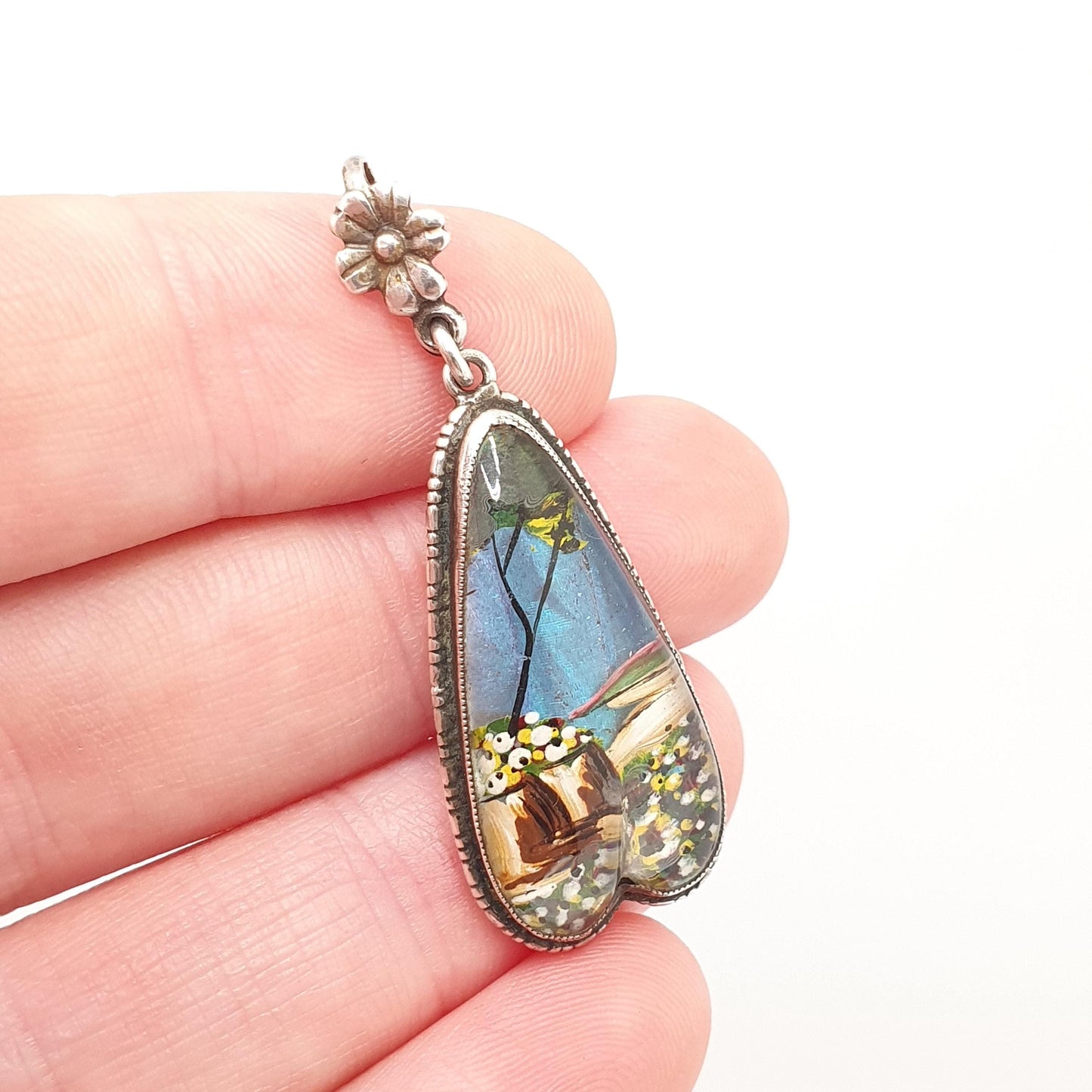 Antique Butterfly Wing Sterling Silver Necklace Pendant Tree Cliff Side Beach Art Deco Vintage 1920s Flower Insect Jewelry Jewellery Womens