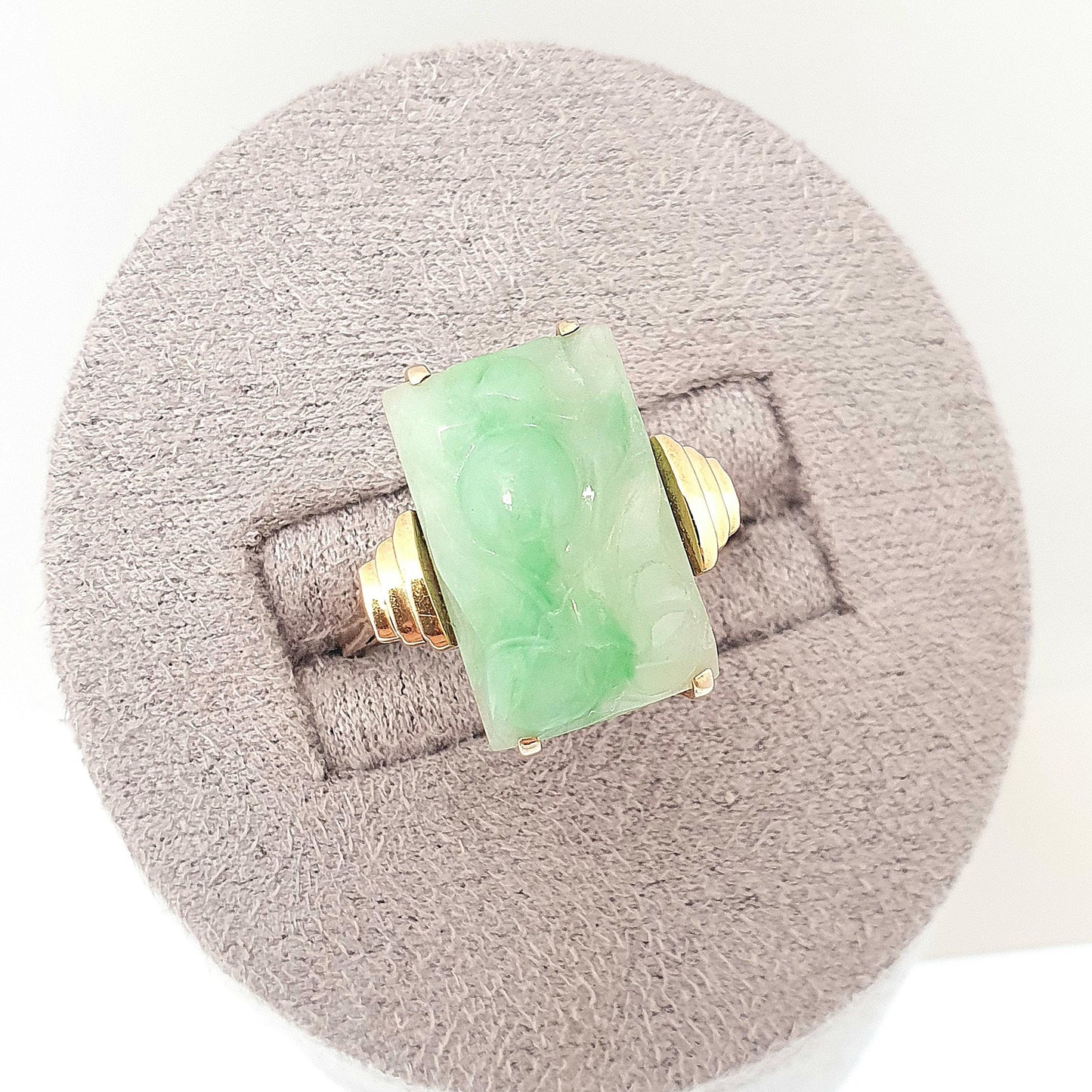 Antique Art Deco 9ct 9kt Gold Carved Jade Ring Apple Green Jadeite Signet Solid 375 9k 1920s Cameo Vintage Womens Jewelry Jewellery