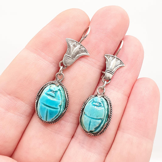 Old Vintage Solid Silver Scarab Beetle Earrings Faience Blue Carved Egyptian Revival Lotus Flower Hook Drop Insect Bug Jewelry Jewellery