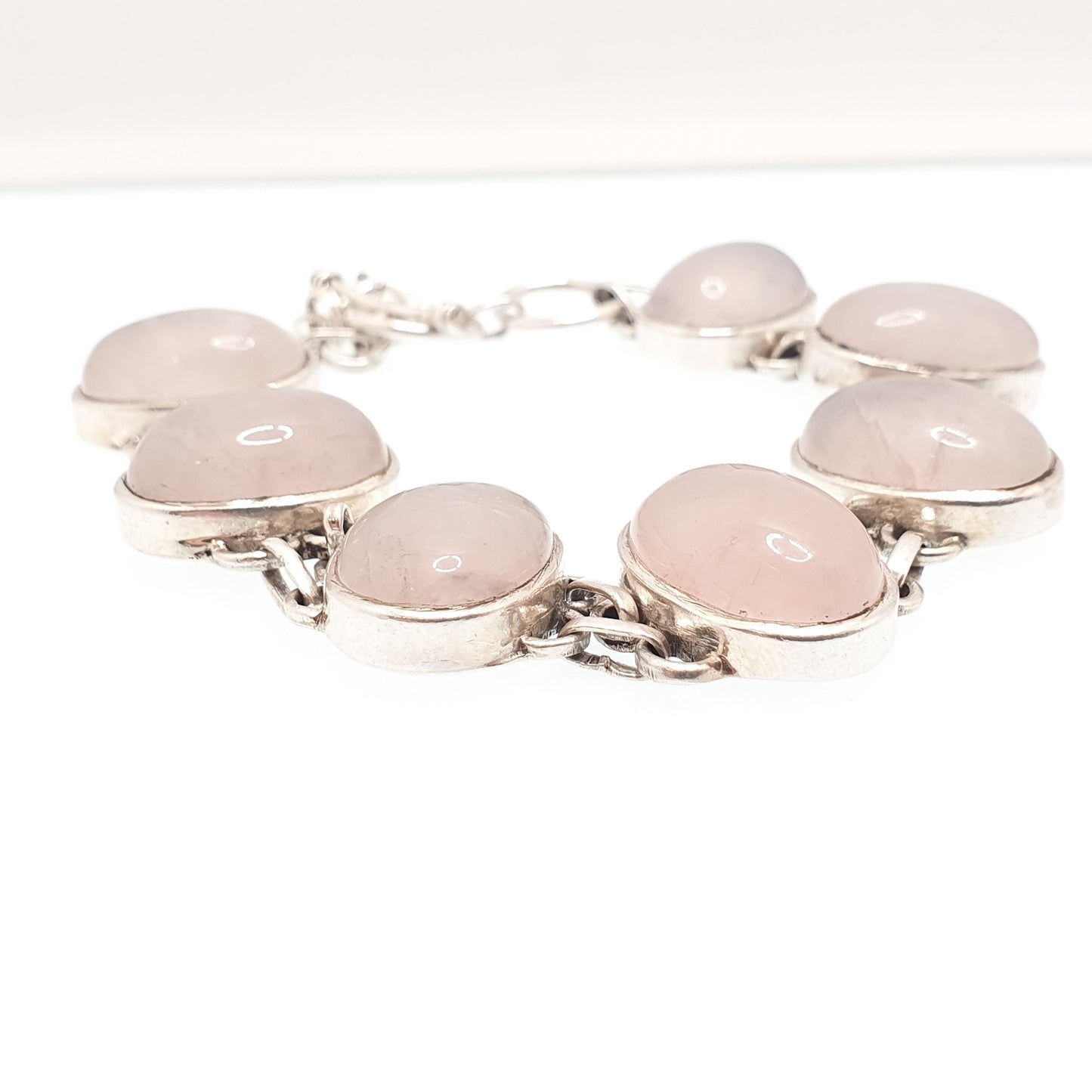 Vintage Sterling Silver Rose Quartz Bracelet Large Big Pink Gemstone Oval Cabochon Solid 925 Retro Ladies Womens Jewellery Jewelry