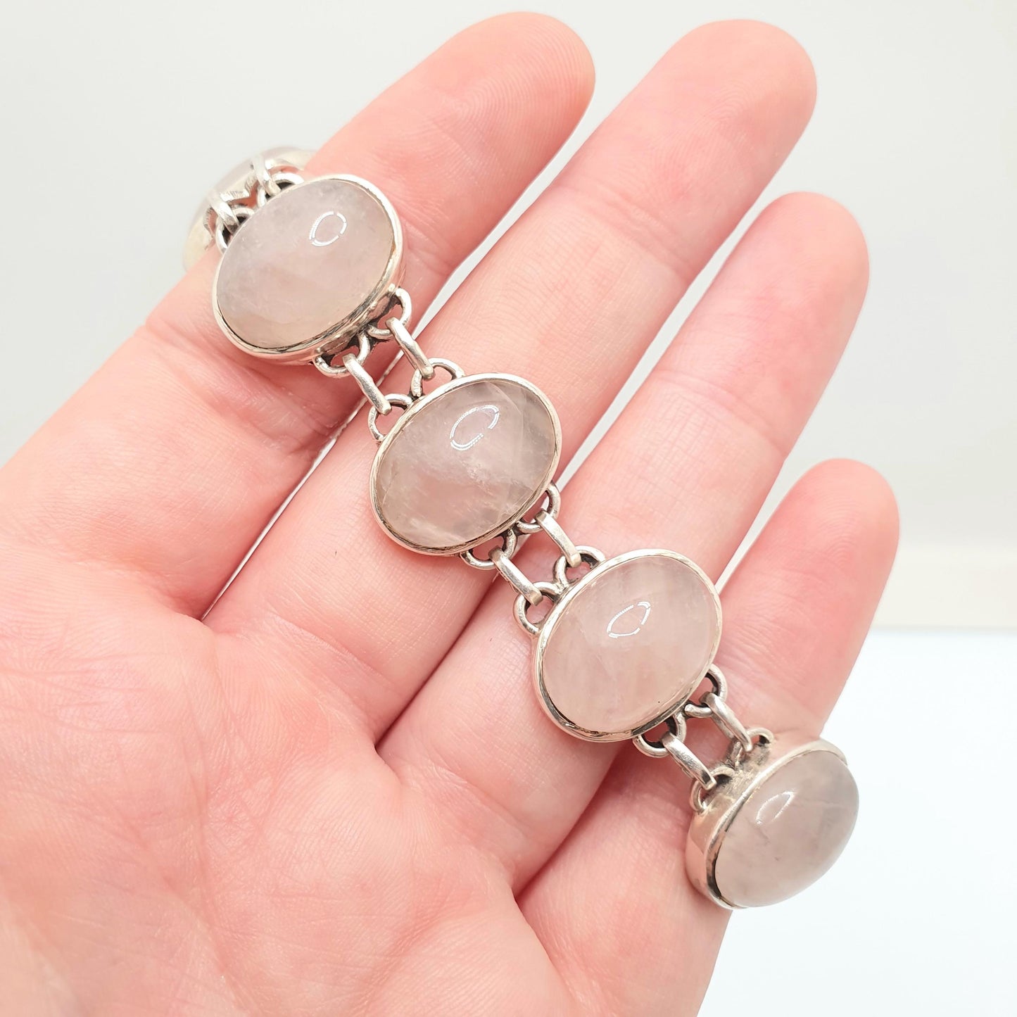 Vintage Sterling Silver Rose Quartz Bracelet Large Big Pink Gemstone Oval Cabochon Solid 925 Retro Ladies Womens Jewellery Jewelry