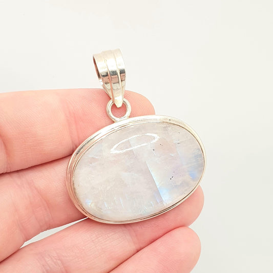Vintage Sterling Silver Moonstone Necklace Pendant Large Solid 925 Oval Cabochon Rainbow Huge Chunky Blue Fire Retro Ladies Womens Jewelry