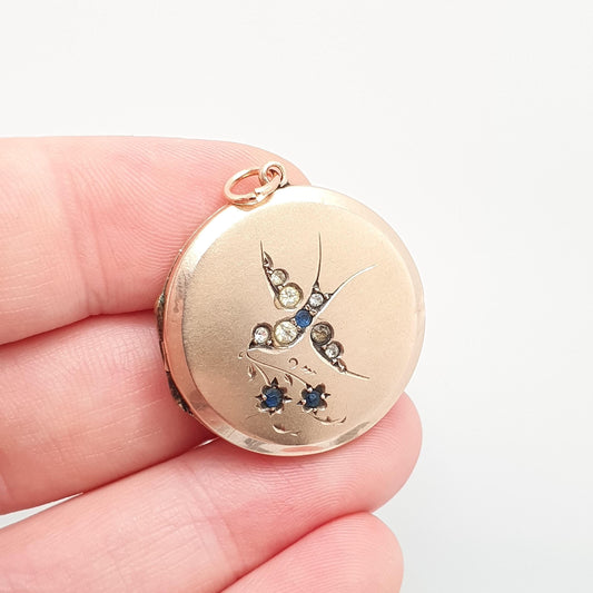 Antique 9ct 9k Gold Bird Locket Sapphire Diamond Paste Large Big Solid 375 Pendant Back Front Round Circle Vintage Jewelry Jewellery