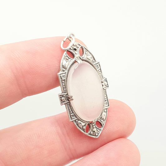 Antique Art Deco Sterling Silver White Chalcedony Pendant Necklace White Quartz Genuine Gemstone Marcasite 1920s Vintage Jewelry Jewellery