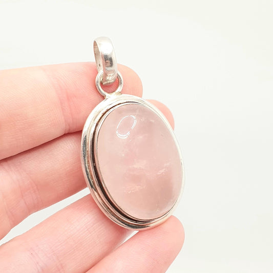 Vintage Sterling Silver Rose Quartz Necklace Pendant 1990s Large Oval Cabochon Pink Gemstone Solid 925 Jewellery Womens Jewelry Ladies