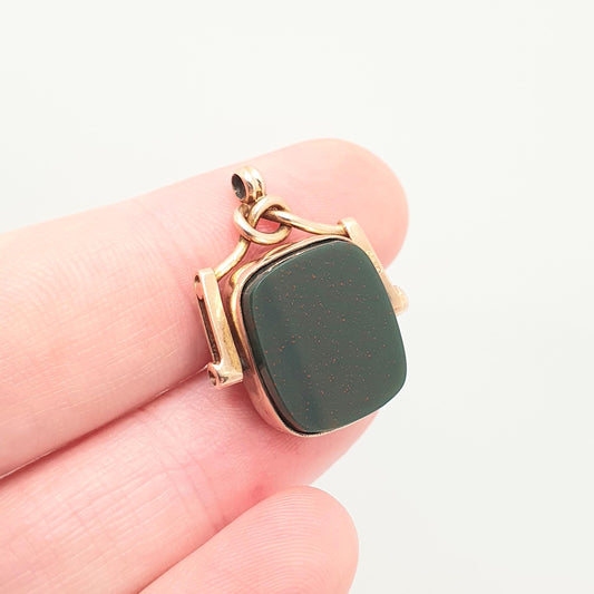 Antique 9ct 9k Gold Bloodstone Spinner Fob Pendant Rectangular 1902 Hallmark Carnelian Necklace Albert Vintage Womens Jewellery Jewelry