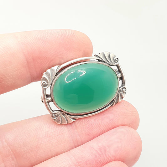 Vintage Solid Silver Chrysoprase Brooch Large Big Genuine Green Gemstone Arts & Crafts Style Oval Cabochon Womens Ladies Jewelry Jewellery