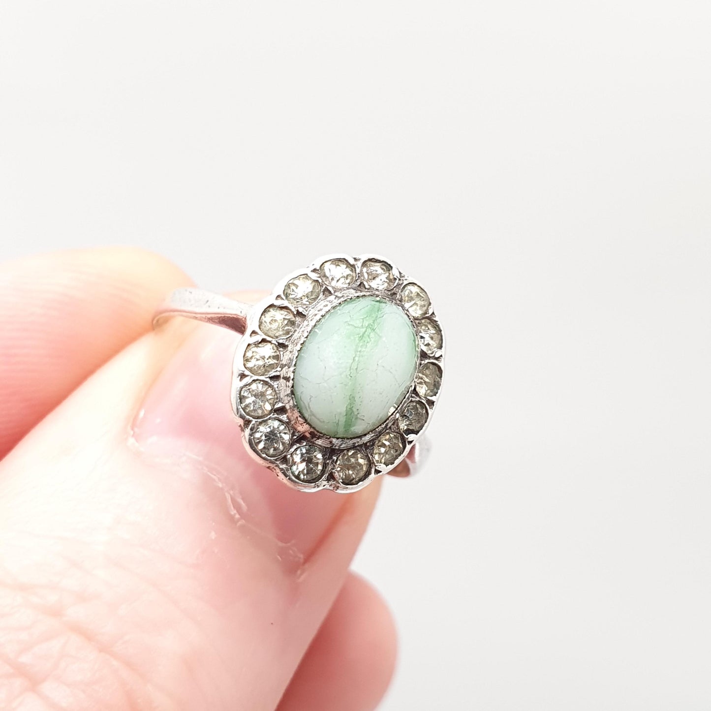 Antique 18ct Gold Diamond Paste Ring Cluster Faux Moss Agate Solid Silver Setting Art Deco 1920s 18k Vintage Womens Jewelry Jewellery