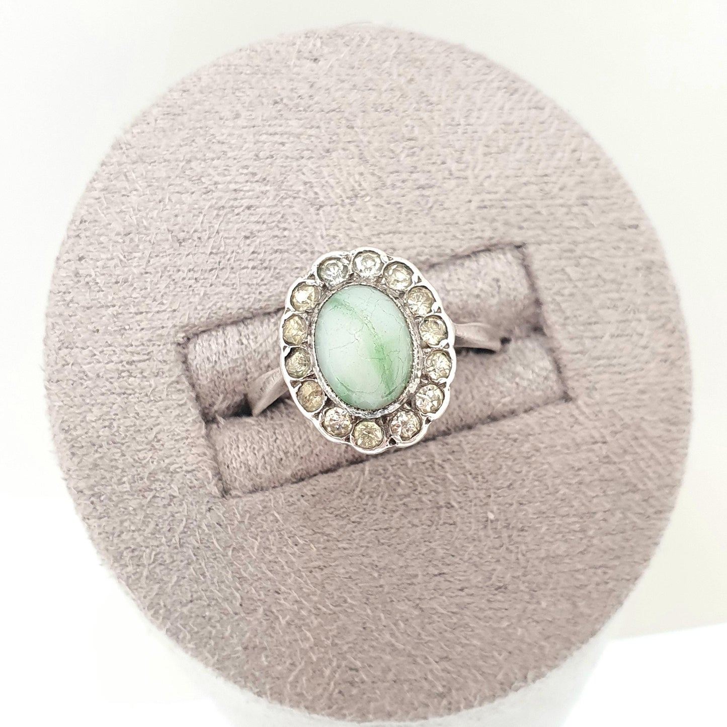 Antique 18ct Gold Diamond Paste Ring Cluster Faux Moss Agate Solid Silver Setting Art Deco 1920s 18k Vintage Womens Jewelry Jewellery