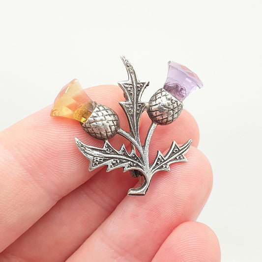 Vintage Sterling Silver Citrine Amethyst Thistle Brooch Pin Scottish Flower 1965 Hallmark Genuine Gemstone Celtic Gaelic Jewelry Jewellery