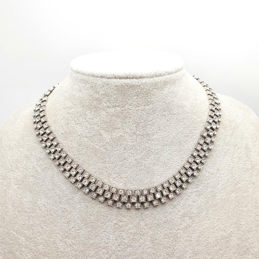 Antique Sterling Silver Diamond Paste Necklace Art Deco Watch Link Collar Large White Pastes Fine Sparkly Womens Vintage Jewelry Jewellery