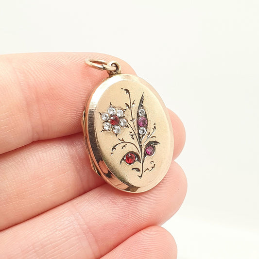Antique 9ct 9k Gold Ruby Diamond Paste Locket Edwardian Flower Pendant Back Front Sparkly Picture Photo Womens Vintage Jewelry Jewellery
