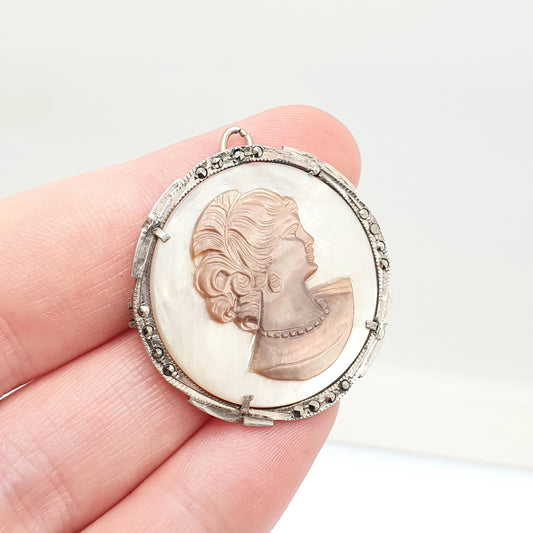 Antique Solid Silver Abalone Cameo Pendant Brooch Necklace Black White Shell Art Deco Marcasite Mother of Pearl Iridescent Womens Jewelry