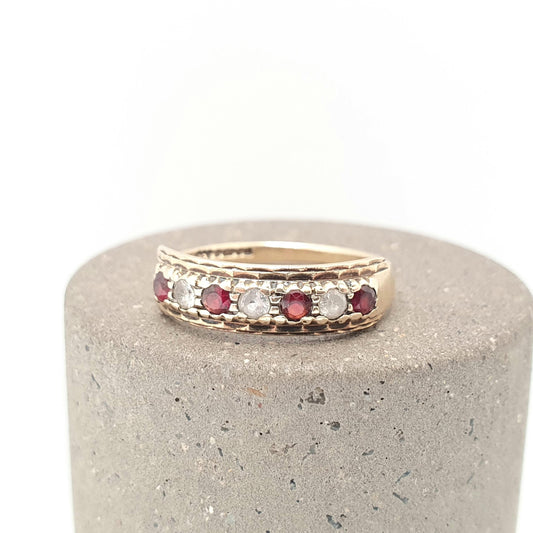Vintage 9ct Gold Garnet Ring Half Eternity White Spinel Solid 9k 375 Yellow Sparkly Pyrope Gemstone Stacker Womens Jewelry Jewellery