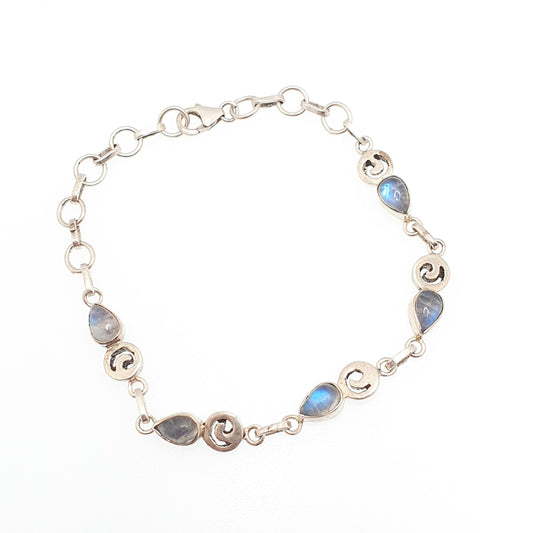 Vintage Sterling Silver Labradorite Bracelet Pear Cabochon Cut Solid 925 Aduralescene Gemstone 20cm Ladies Womens Jewelry Retro Jewellery