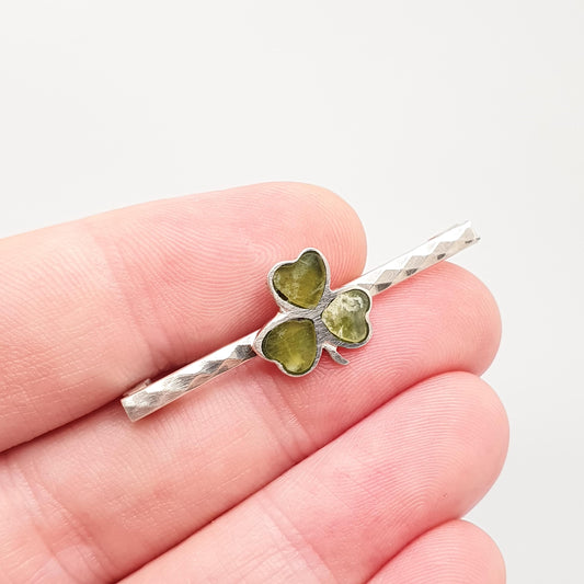 Antique Connemara Marble Clover Brooch Solid Silver Three Leaf Lucky Irish Green Ireland Shamrock Celtic Gaelic Vintage Jewelry Jewellery