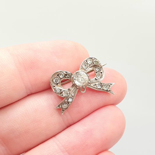 Antique Victorian Paste Solid Silver Bow Brooch Ribbon Diamond Pastes Tiny Foiled 1800s Sweet Cute Quaint Womens Jewelry Jewellery Vintage
