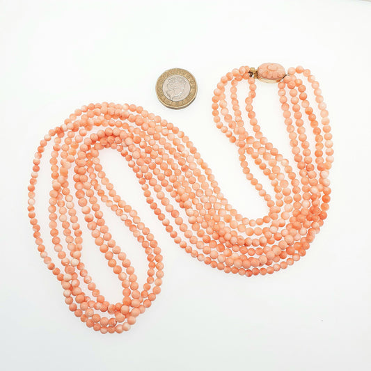Vintage Coral Bead Necklace Solid Silver Clasp Angel Skin Pink Very Long 71cm 27.9" 70.95g 4 Strand Round Beads Womens Jewelry Jewellery