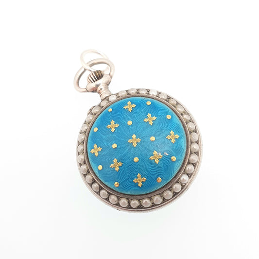 Antique Solid Silver Enamel Pocket Watch Seed Pearl Champleve Pendant Necklace REPAIR Genuine Pearls Ladies Vintage Jewelry Jewellery