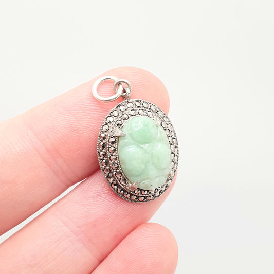 Antique Solid Silver Carved Jade Necklace Pendant Pale Green Art Deco Marcasite Genuine Real Jadeite Gemstone Vintage Jewelry Jewellery